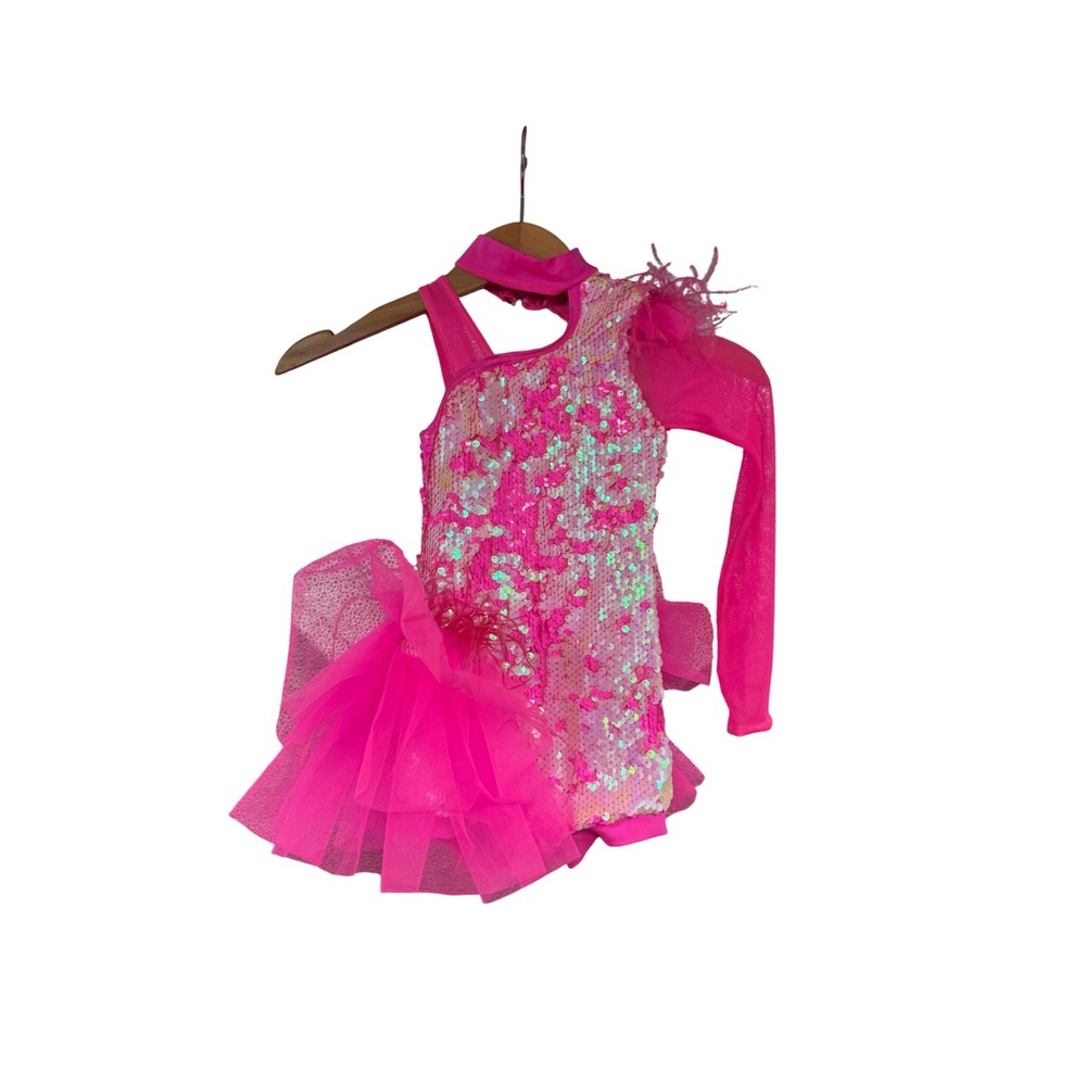 Weissman Kids Pink Sequin Dance Costume One Shoulder Tutu Feathered Jazz SC